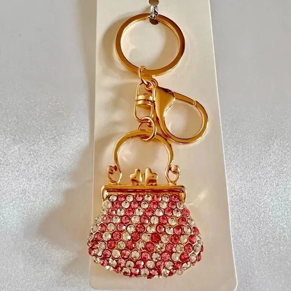 Mini Purse Key Chain Or Bag Charm Pink Crystal Rhinestone Gold Tone Hardware